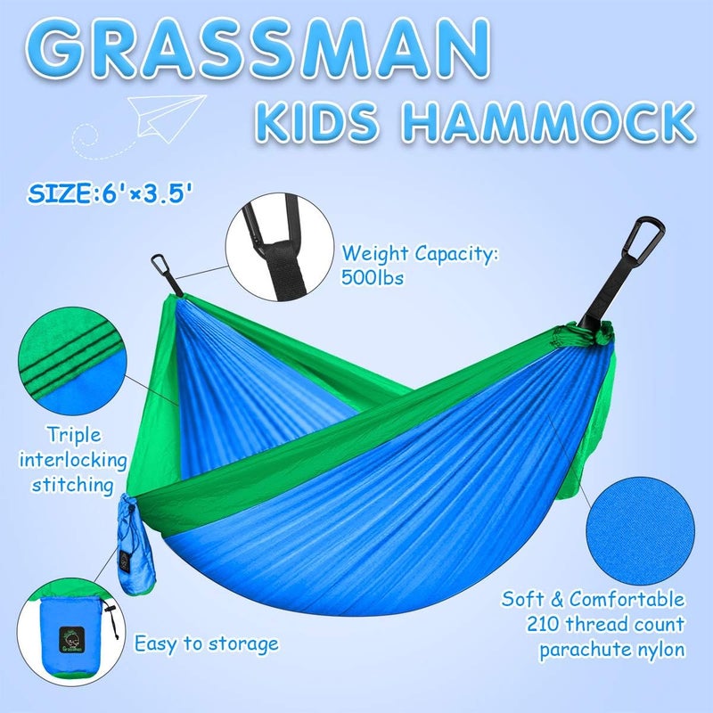 Grassman Kids Hammock-Small Camping hammocks, Portable Camping Gear for Child Indoor/Outdoor use, with Tree Straps & Carabiners Blue & Green - Image 2